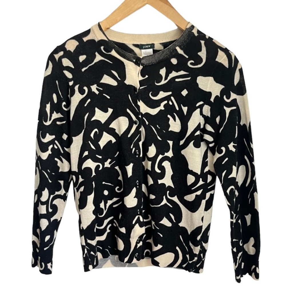 J Crew Merino Wool Black And Cream Jeweled Button Up Cardigan Womens Size S